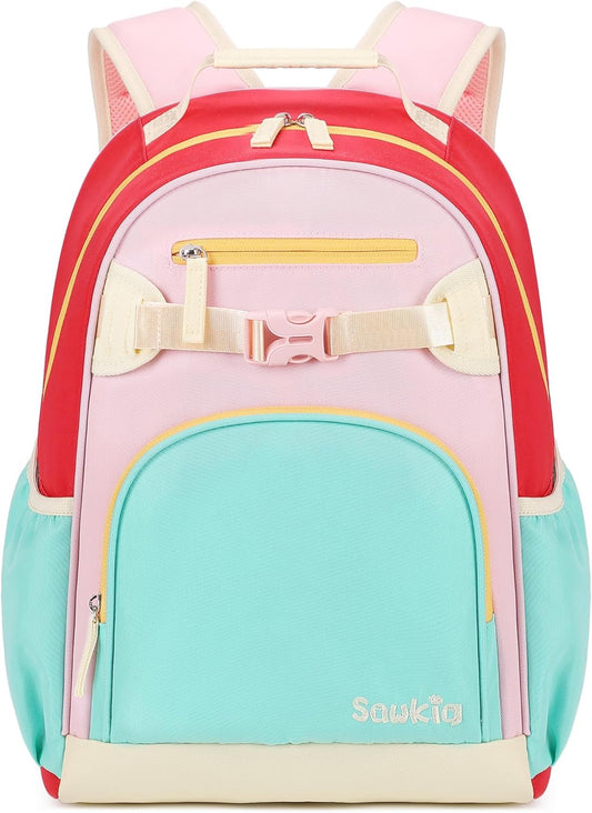 Lightweight Cute Kids Backpack for School Kindergarten Elementary Backpacks for Gilrs ages 6-8-10 (Aqua Pink Red)