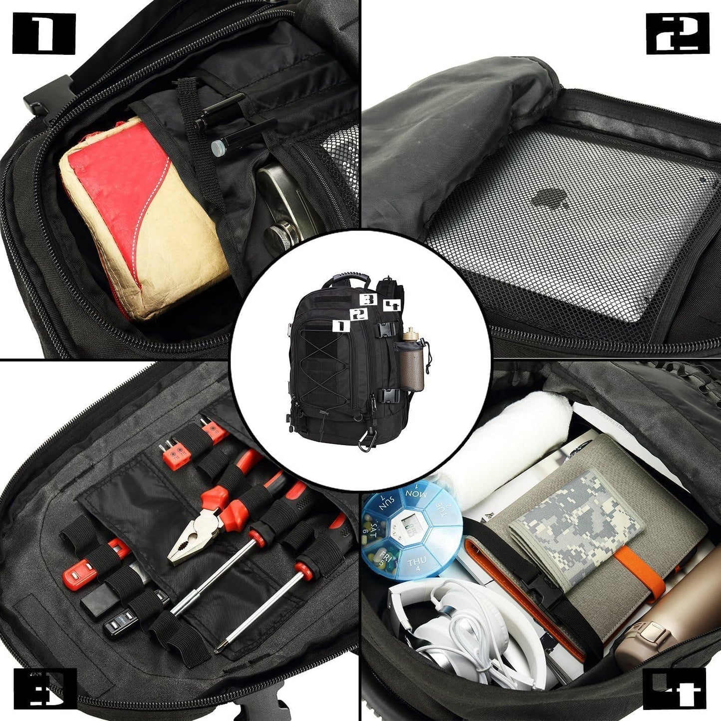 Large Tactical Backpack for Men Military Backpack with DIY System for Travel, Work,Camping,Hunting,Hiking,Sports (BLACK)