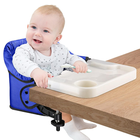 Hook On Chair with Removable Dining Tray, Portable Table High Chair, Folding Compact Baby Seat with Storage Bag for Indoor/Outdoor(Bright Blue)