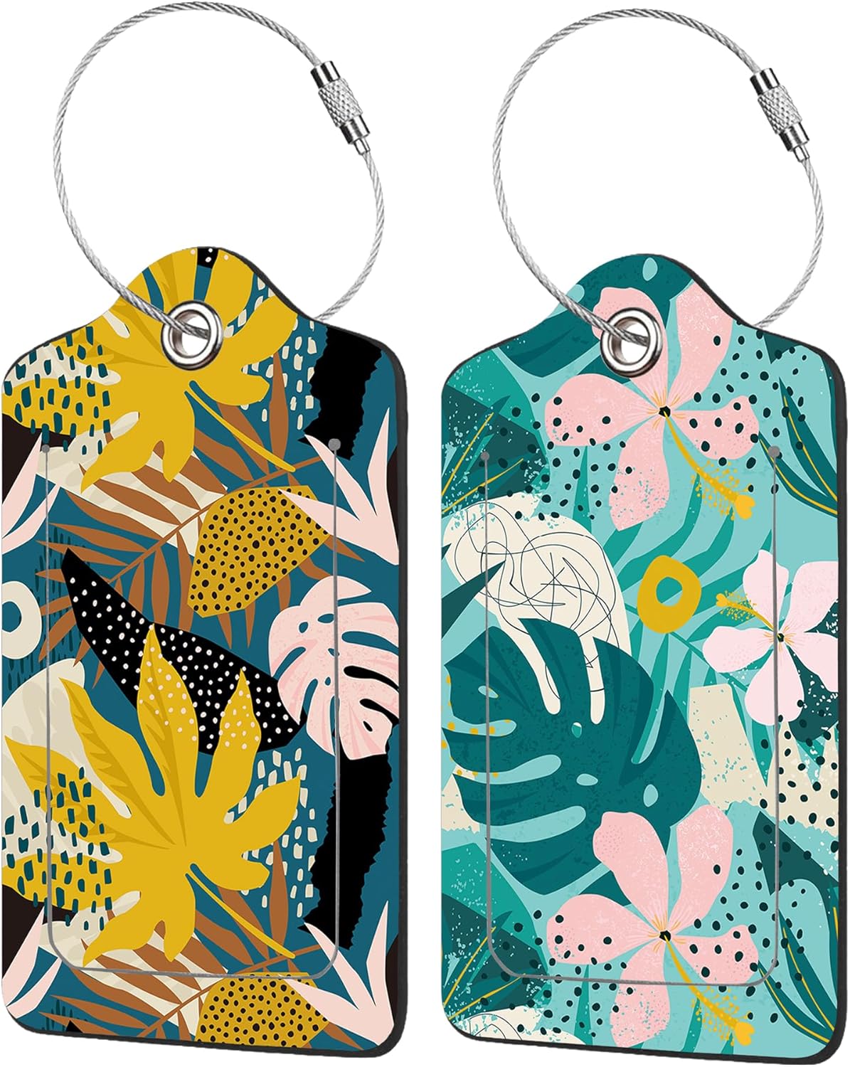 2 Pack Tropical Flowers Luggage Tag for Suitcases Artistic Palm Leaves PU Leather Bag Travel Suitcase ID Identifier Baggage Tags for Women Men Travel