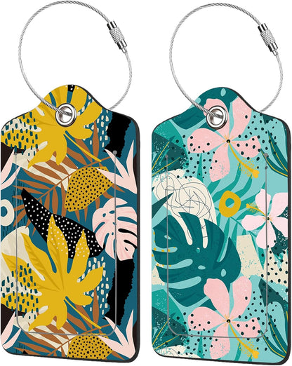 2 Pack Tropical Flowers Luggage Tag for Suitcases Artistic Palm Leaves PU Leather Bag Travel Suitcase ID Identifier Baggage Tags for Women Men Travel