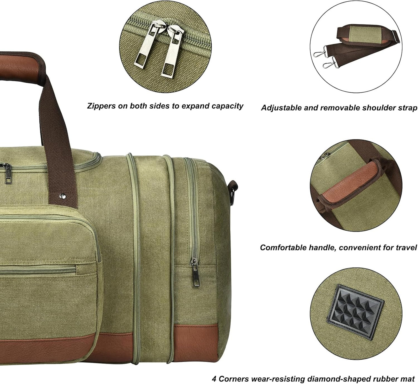 Litvyak Duffle Bag for Travel, Canvas Travel Duffel Bags Overnight Weekend Gym Carry On Luggage Bag for Men & Women (Army Green+Toiletry Bag, 50L)