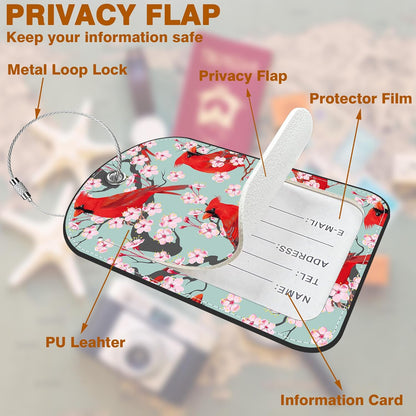 2 PCS Leather Luggage Tags for Suitcase Cardinal and Blooming Cherry Travel Luggage Tag with Privacy Flap Name ID Label and Metal Loop for Travel Bag Suitcase