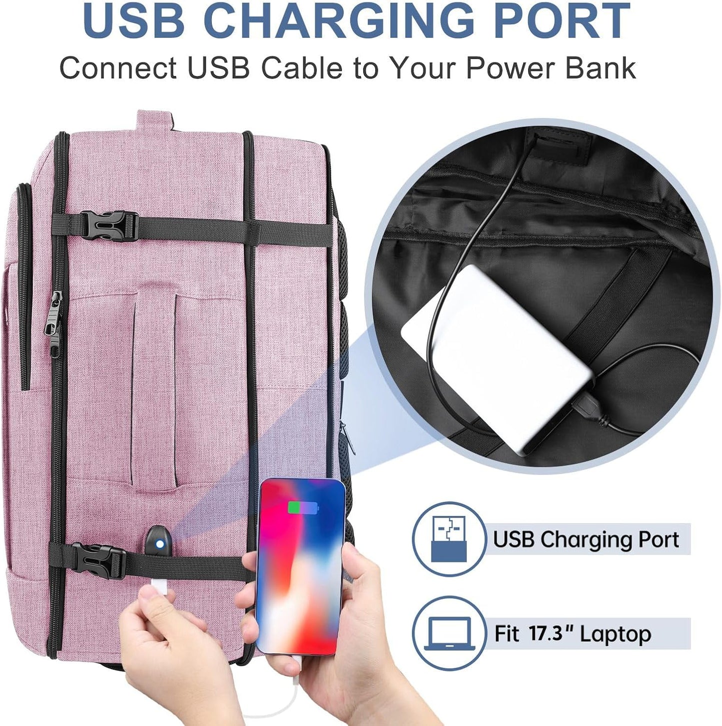 Carry On Backpack, 40-50L Travel Backpack for Men & Women, Expandable Backpack For Airplanes, 17 Inch Laptop Backpack, Luggage Suitcase 40L Daypack Lightweight Business Weekender Bag, Light Pink