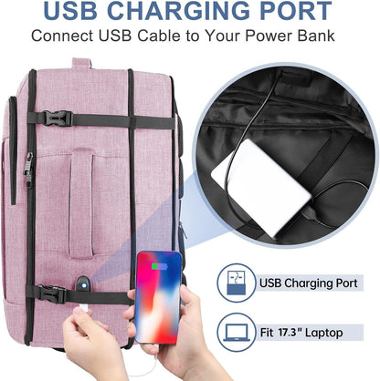 Carry On Backpack, 40-50L Travel Backpack for Men & Women, Expandable Backpack For Airplanes, 17 Inch Laptop Backpack, Luggage Suitcase 40L Daypack Lightweight Business Weekender Bag, Light Pink