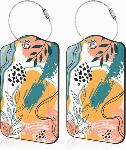 2 Pcs Boho Abstract Modern Art Luggage Tags for Suitcases PU Leather Baggage Tags Name ID Label with Privacy Cover and Stainless Steel Loop for Men Women Travel Bag Suitcase