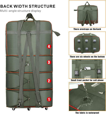 Expandable Large Capacity Travel Bag Oxford Cloth Duffel Bag with Wheels Lightweight Waterproof Travel Foldable Suitcase(ArmyGreen)