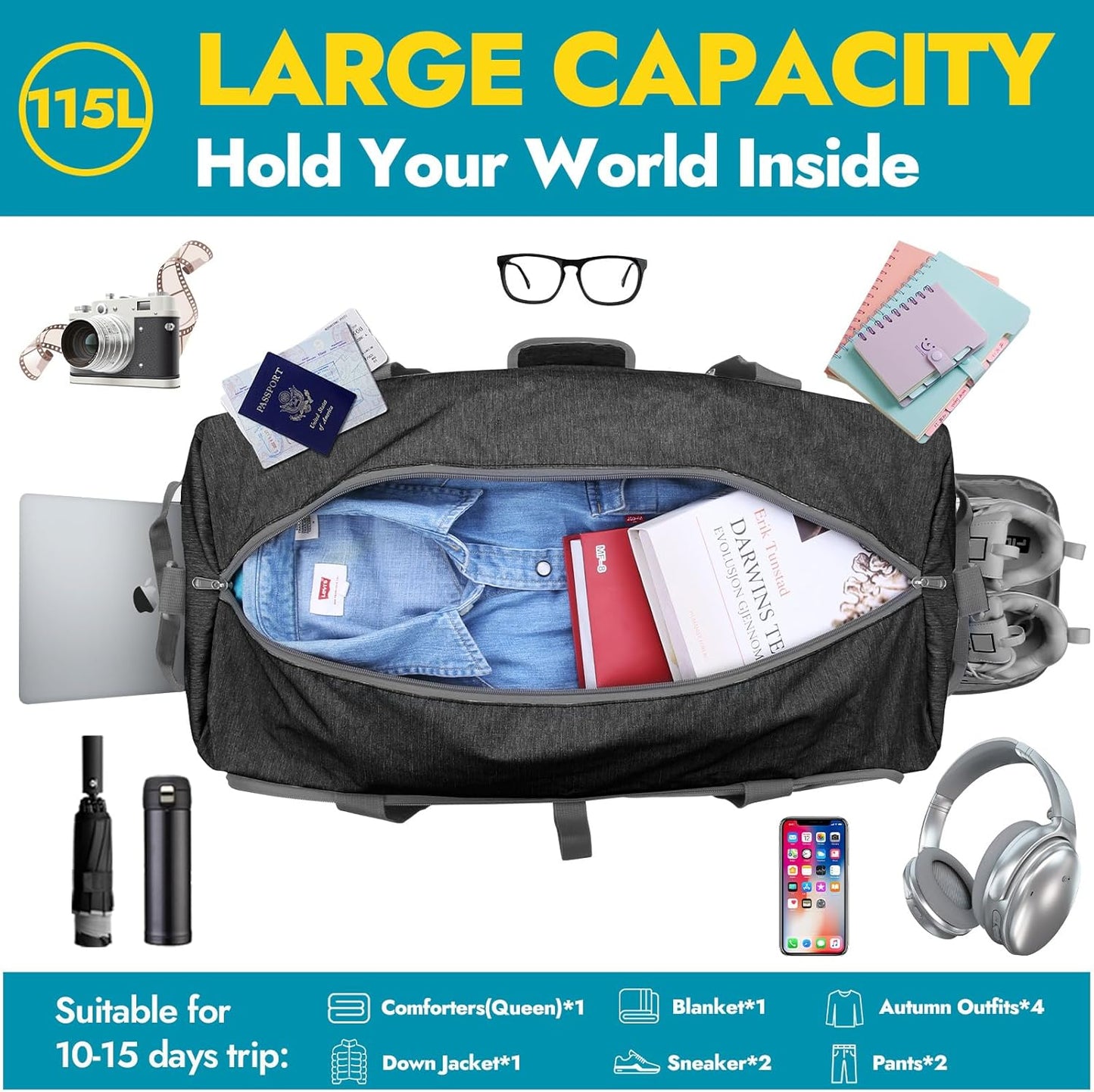 Canway 115L Travel Duffel Bag, Foldable Weekender Bag with Shoes Compartment for Men Women Water-proof & Tear Resistant (Panther Black, 115L)