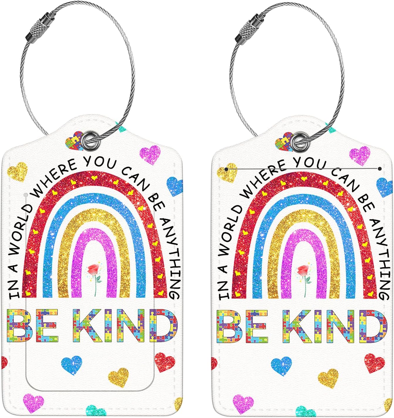 2 Pcs Luggage Tags for Suitcases, PU Leather Cruise Ship Luggage Tags with Privacy Cover Label Address Card and Durable Metal Ring Suitable for Men Women Handbags Backpacks Schoolbag,Rainbow