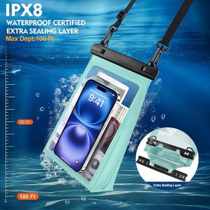 Large Waterproof Phone Pouch [with Sealing Strip], Cell Phone Dry Bag for iPhone Galaxy All Phones, Floating Water Proof Bag for Beach Water Park Green