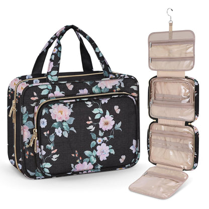 Wedama Toiletry Bag for Women, Large Cosmetic Travel Bag, Hanging Toiletry Bag for Bathroom, PVC Waterproof Makeup Bag, Toiletries Bag for Travel Business Trips and Camping, Black+Pink Floral