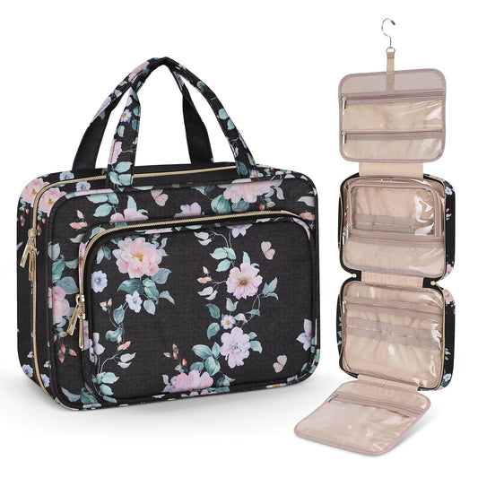 Wedama Toiletry Bag for Women, Large Cosmetic Travel Bag, Hanging Toiletry Bag for Bathroom, PVC Waterproof Makeup Bag, Toiletries Bag for Travel Business Trips and Camping, Black+Pink Floral