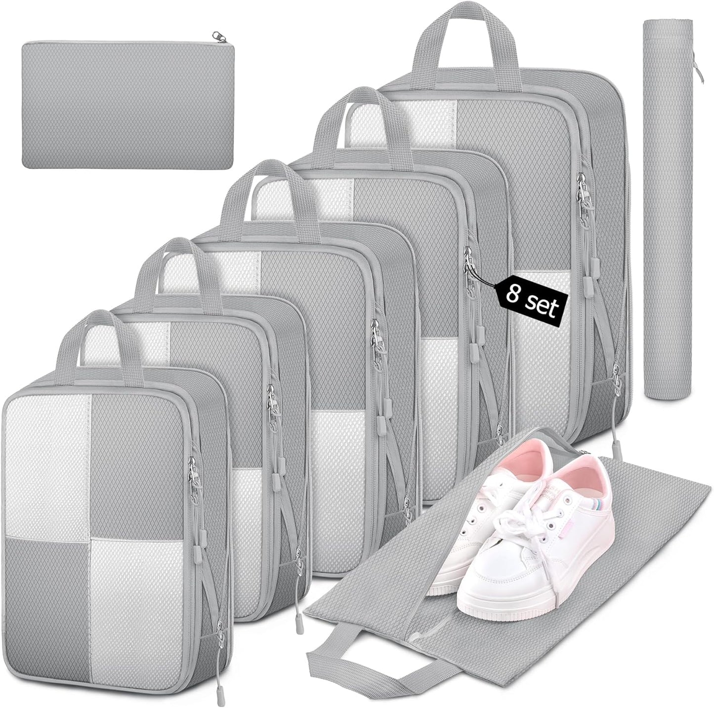 8 Set Compression Packing Cubes Travel, Lightweight Expandable Travel Cubes Suitcase Organizer for Carry On Luggage Suitcase, Grey