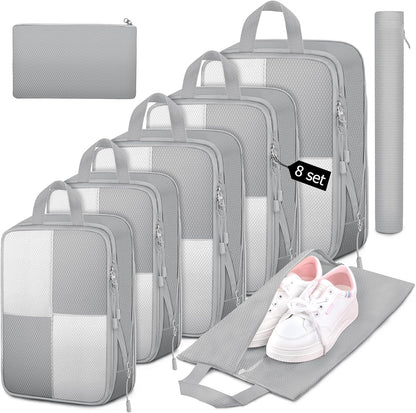 8 Set Compression Packing Cubes Travel, Lightweight Expandable Travel Cubes Suitcase Organizer for Carry On Luggage Suitcase, Grey