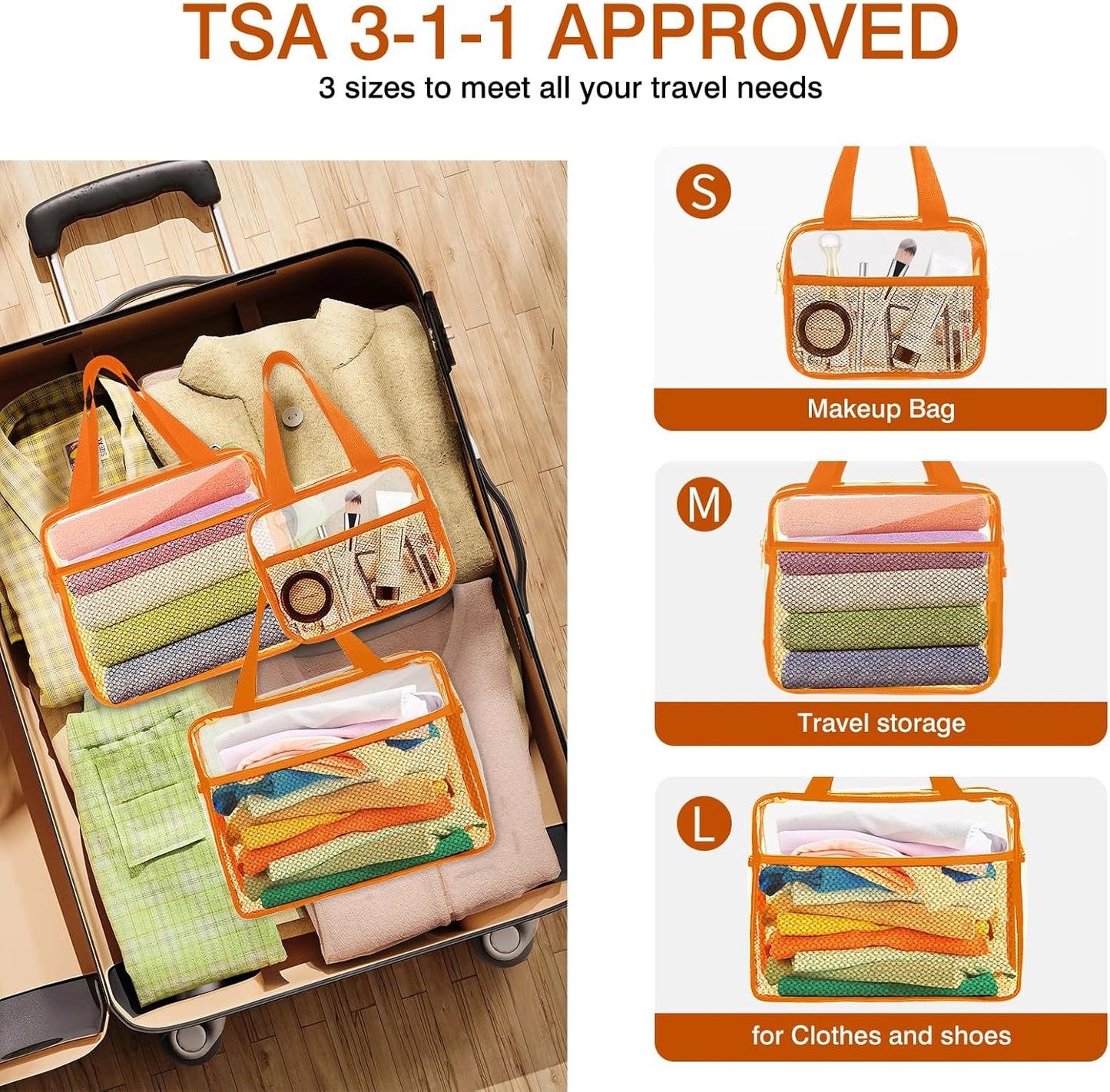 XEWEA Clear Travel Toiletry Bags, 3 Pack TSA Approved Transparent Makeup Bag for Men Women, Large Waterproof PVC Quart Organizer with Zipper for Toiletries Airline Essentials,Toy Storage Pouch Orange