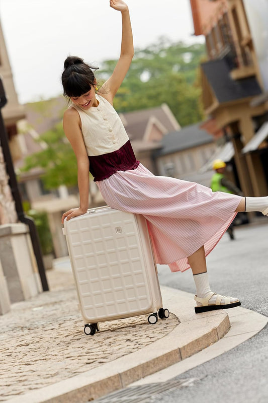 aji Expandable Top Opening 26 Inch Checked Luggage with Spinner Wheels, Large Suitcase with TSA Lock, Hard Shell Travel luggage Suitcases for Men Women, for 20+Days Travel, Coconut White