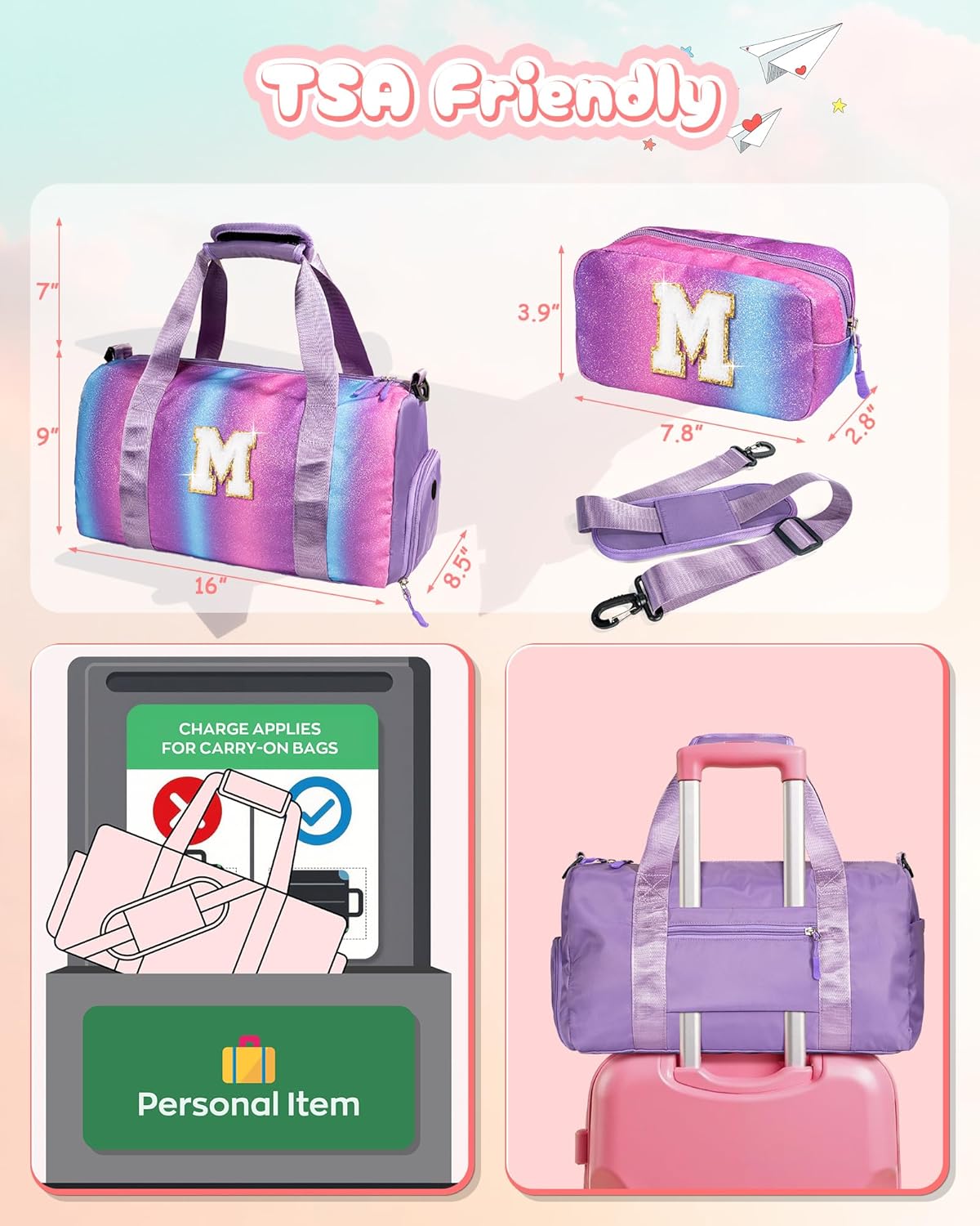 Girls Cheer Up Gifts-Girl Gym Bag with Shoe Compartment, Kid Personalized Weekender Ballet Bags, Initial Travel Tote with Makeup Pouch, Dance Gift for Niece Kids Daughter (Letter K)