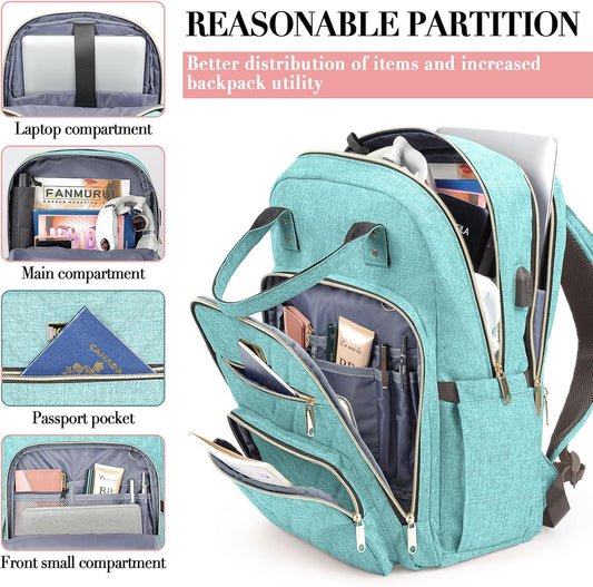 Laptop Backpack for Women, High School Bookbag for Girls with USB Port Charging, 15.6 Inch Water Resistant Computer Bag for Work, Travel College Back Pack Purse Gifts for Student Teacher, Light Green