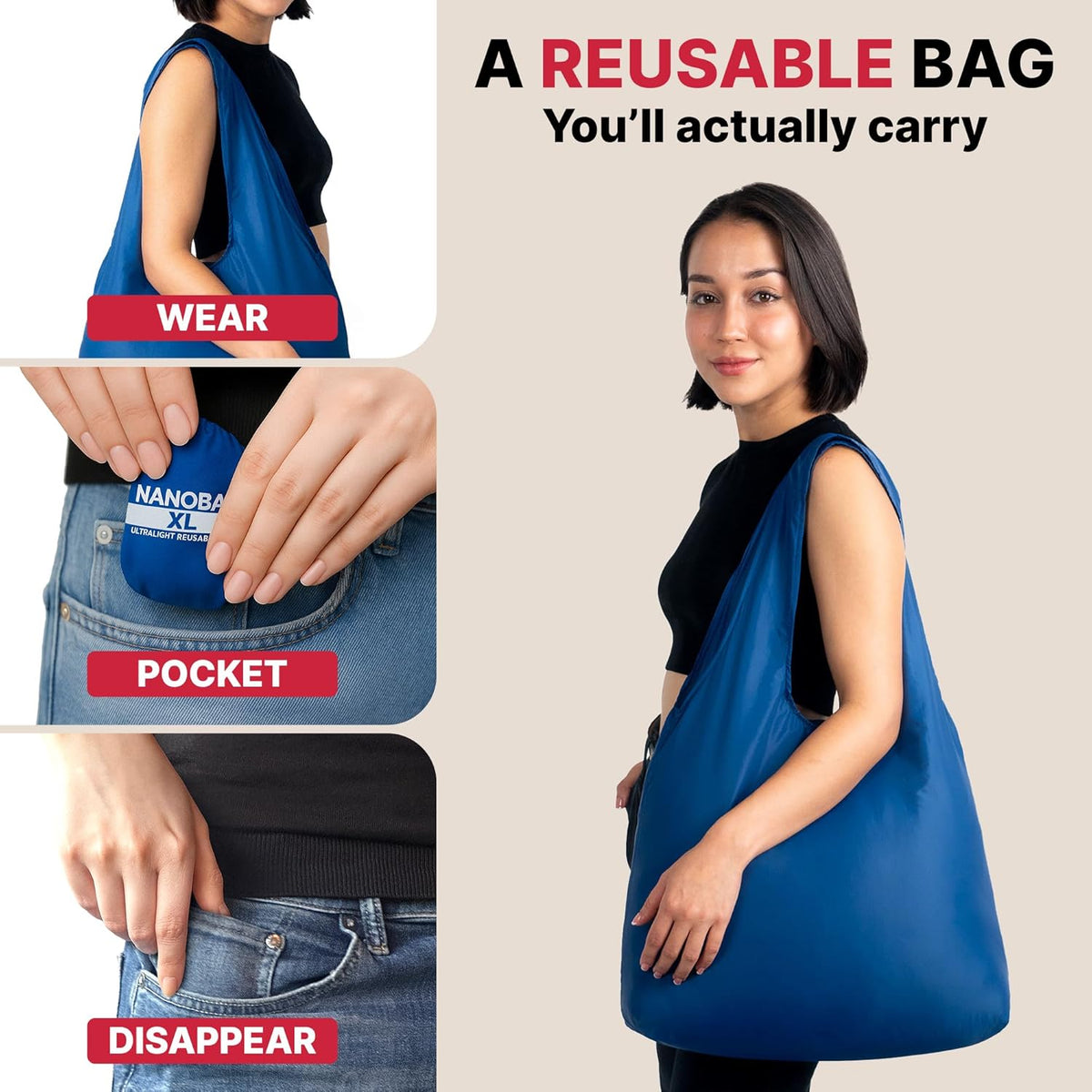 Nanobag Ultra-Lightweight Heavy Duty Foldable Tote for Women & Men, Reusable Grocery & Travel Bag, Packable Collapsible Compact Market Essential (XL Mocha)