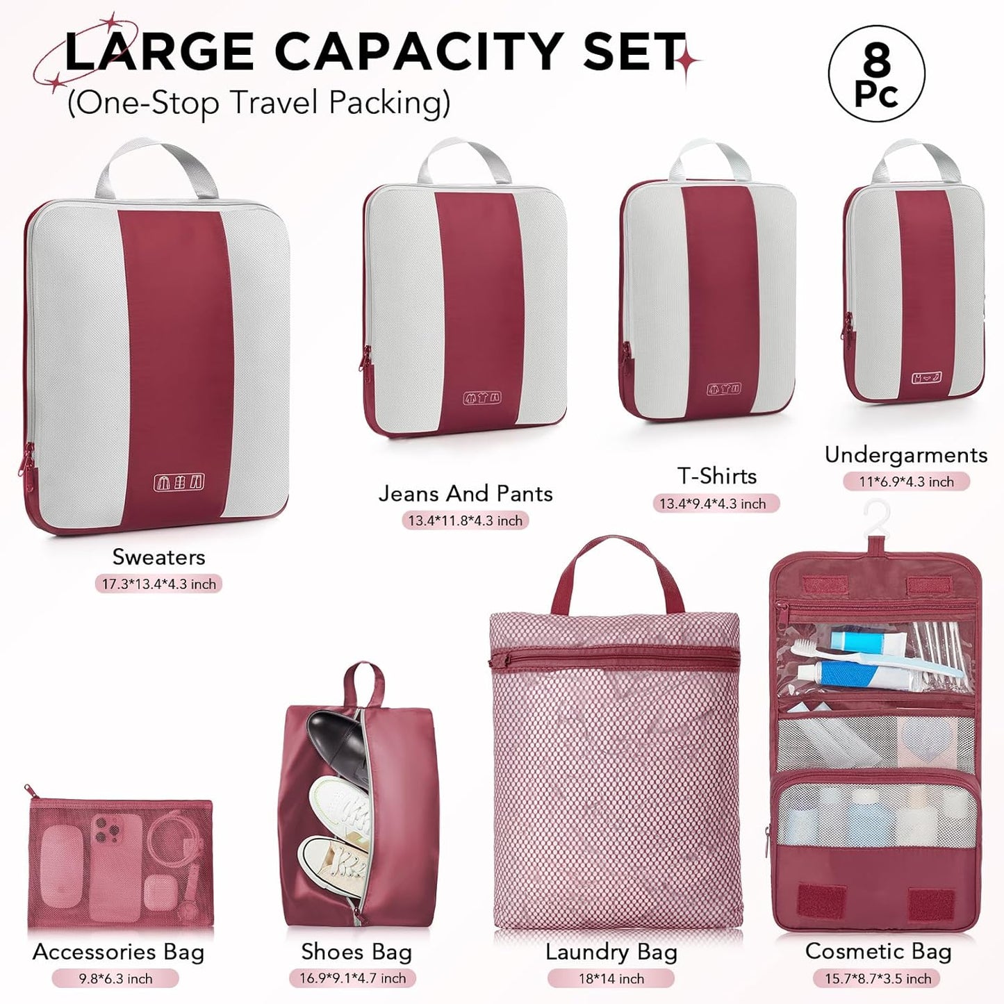 8 Set Compression Packing Cubes for Travel Essentials,Compressible Expandable Packing Cubes for Suitcase,OlarHike Luggage Organizer Bags for Travel,Handy Helper for Organizing Clothes(Wine Red)