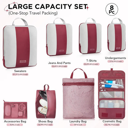 8 Set Compression Packing Cubes for Travel Essentials,Compressible Expandable Packing Cubes for Suitcase,OlarHike Luggage Organizer Bags for Travel,Handy Helper for Organizing Clothes(Wine Red)