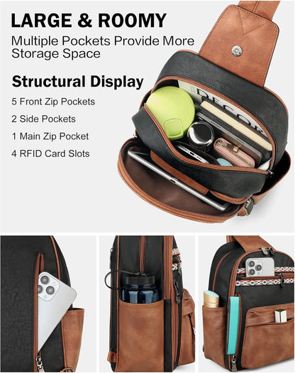 FADEON Large Sling Bag for Women, Leather Crossbody Purse Designer Anti Theft Sling Backpack, RFID Fanny Packs for Travel