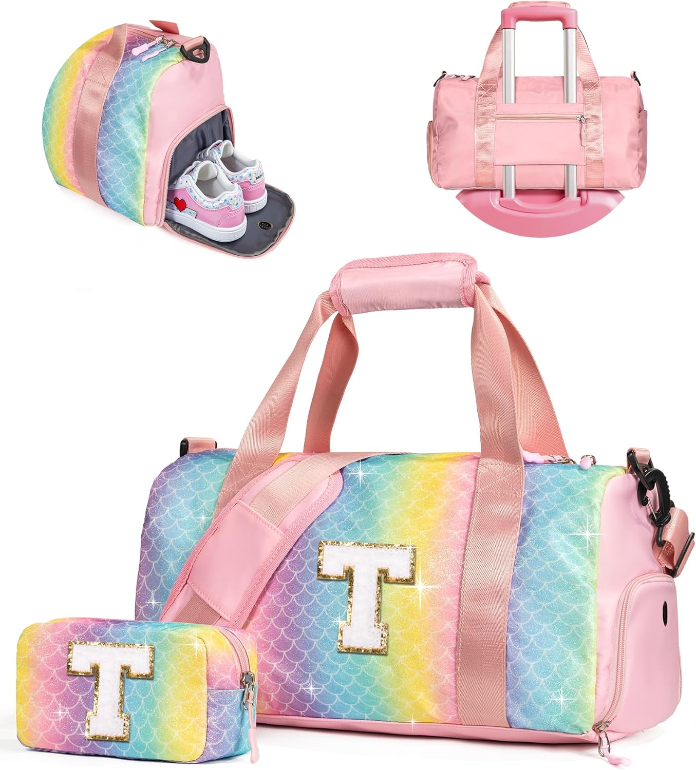 Easter Gifts for Teens Girls-Girl Gym Bag with Shoe Compartment, Kid Personalized Weekender Overnight Bags, Initial Travel Tote with Makeup Pouch, Gift for 3 4 5 6 7 Year Old Kids (Letter T)