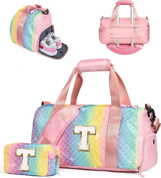 Easter Gifts for Teens Girls-Girl Gym Bag with Shoe Compartment, Kid Personalized Weekender Overnight Bags, Initial Travel Tote with Makeup Pouch, Gift for 3 4 5 6 7 Year Old Kids (Letter T)