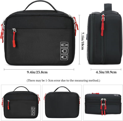 MIRLEWAIY Travel Charger Cable Organizer Portable Electronics Accessories Carrying Bag Waterproof Cord Storage Case Double Layer for Hard Drives, Phone, USB, SD Card, Black