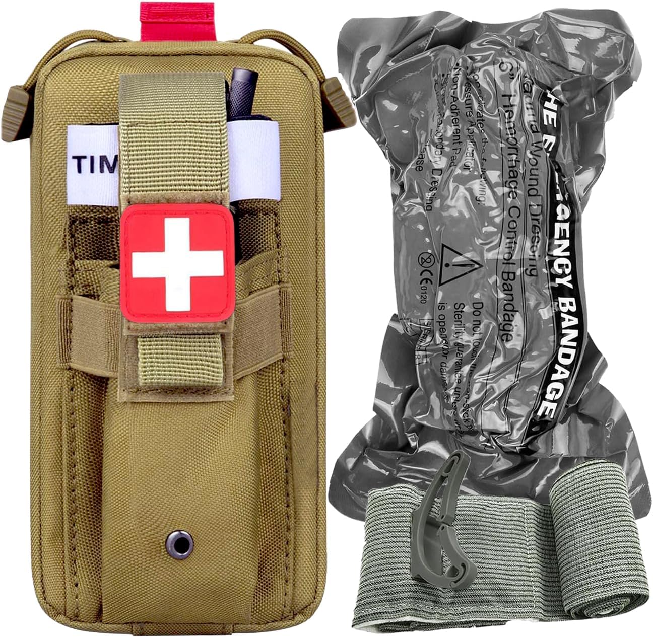 Tourniquet Pouch (Israeli Bandage + Pouch), Portable IFAK Pouch Small Trauma Medical Kit Tactical First Aid Pouch, Emergency EMT for Camping and Hiking (Tan)