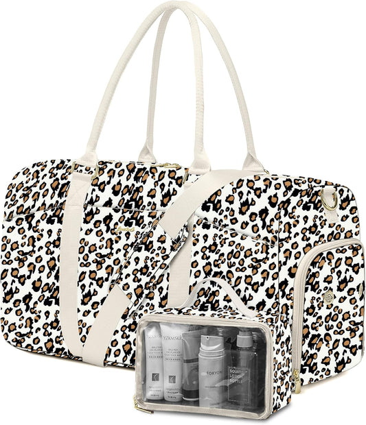 Women Duffle Weekender Travel Bag: Large Duffel Bags with Shoe Compartment Carry On Overnight Tote Bag with Wet Pocket Toiletry Bag Traveling Weekend Gym Yoga Hospital Bags for Womens Leopard