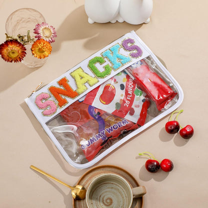 DYSHAYEN Chenille Letter Clear Zipper Pouch for Travel,Nylon Clear Cosmetic Bag,Makeup Travel Bag for Women Girls 11.8 Inches x 8.2 Inches