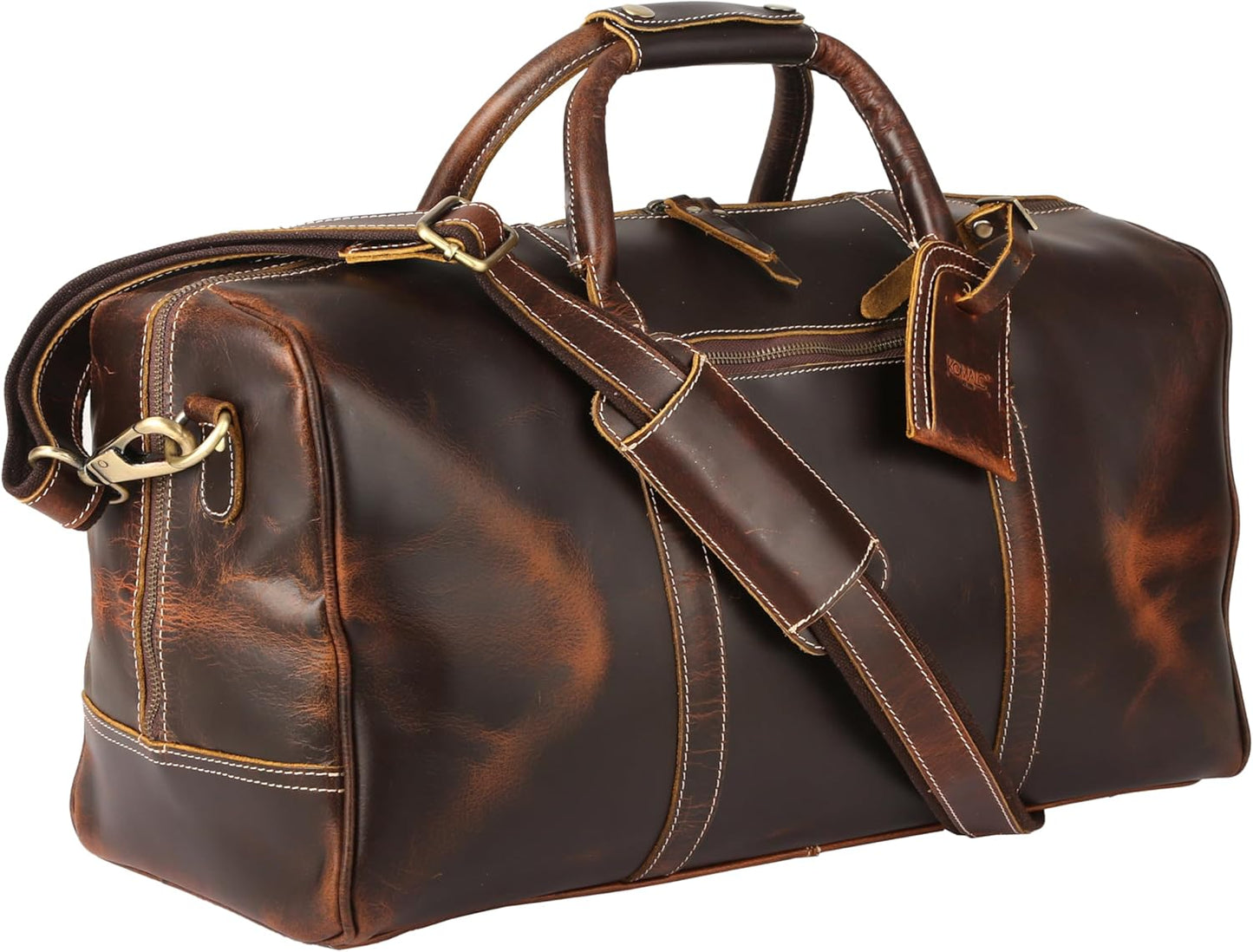 KomalC Leather Duffel Bags for Men and Women Full Grain Leather Travel Overnight Weekend Leather Bags Sports Gym Duffel for Men (Dark Tan, 20 Inch)