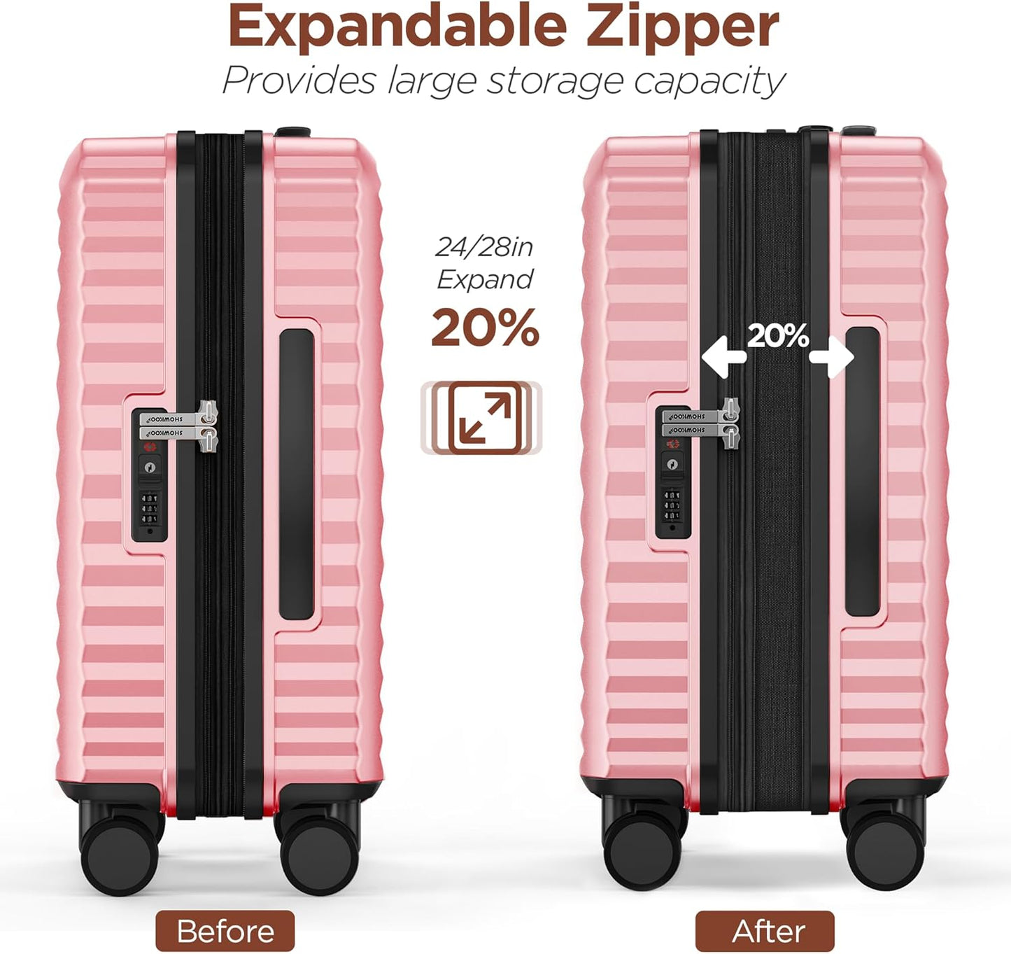 SHOWKOO Luggage Sets 3 Piece Hardside Expandable Suitcase with Double Spinner Wheels Tsa Lock Pink (20in/24in/28in)