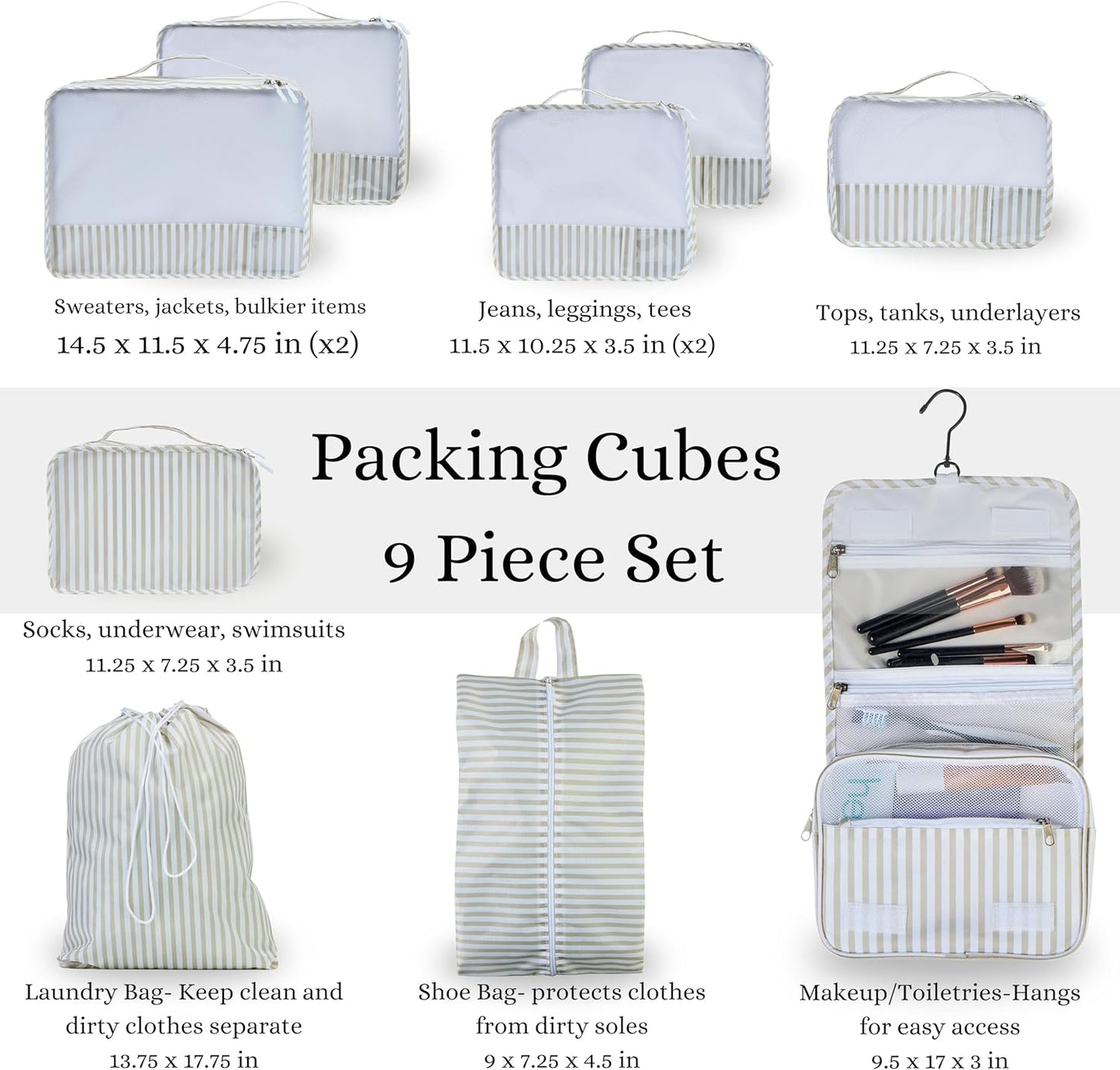 9 Set Packing Cubes - Suitcase Organizer, Cute Packing Cubes, Travel Bags Organizer for Luggage with Hanging Toiletry and Shoe Bag, Travel Essentials for Women, Men and Kids -Stripe