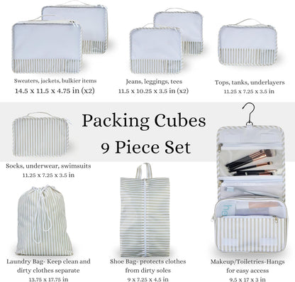 9 Set Packing Cubes - Suitcase Organizer, Cute Packing Cubes, Travel Bags Organizer for Luggage with Hanging Toiletry and Shoe Bag, Travel Essentials for Women, Men and Kids -Stripe