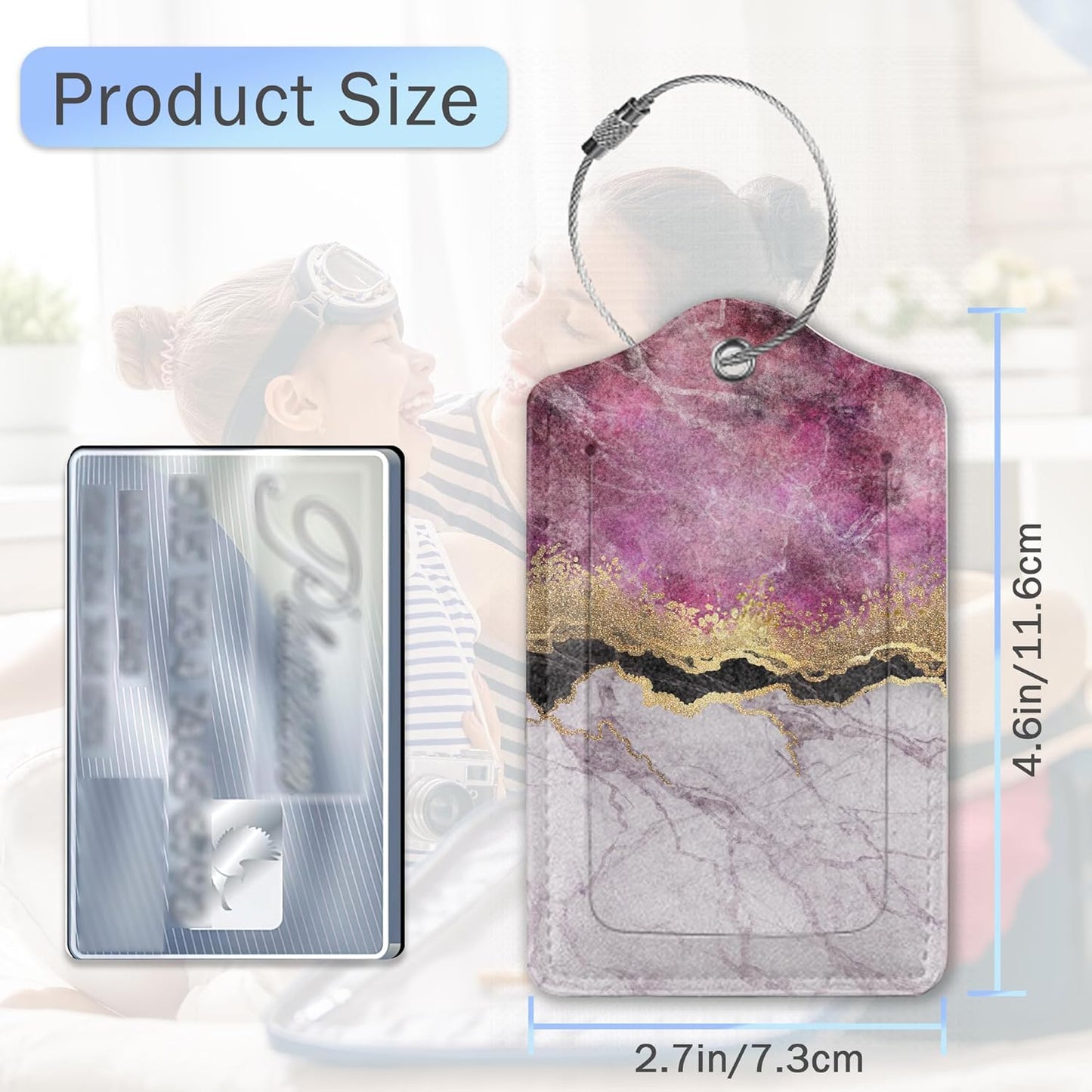 Gold Blue Pink Marble Abstract Luggage Tags,2 Pack Luggage Tag,Leather Privacy Cover ID Label with Stainless Steel Loop for Women Men Kids Girls Travel