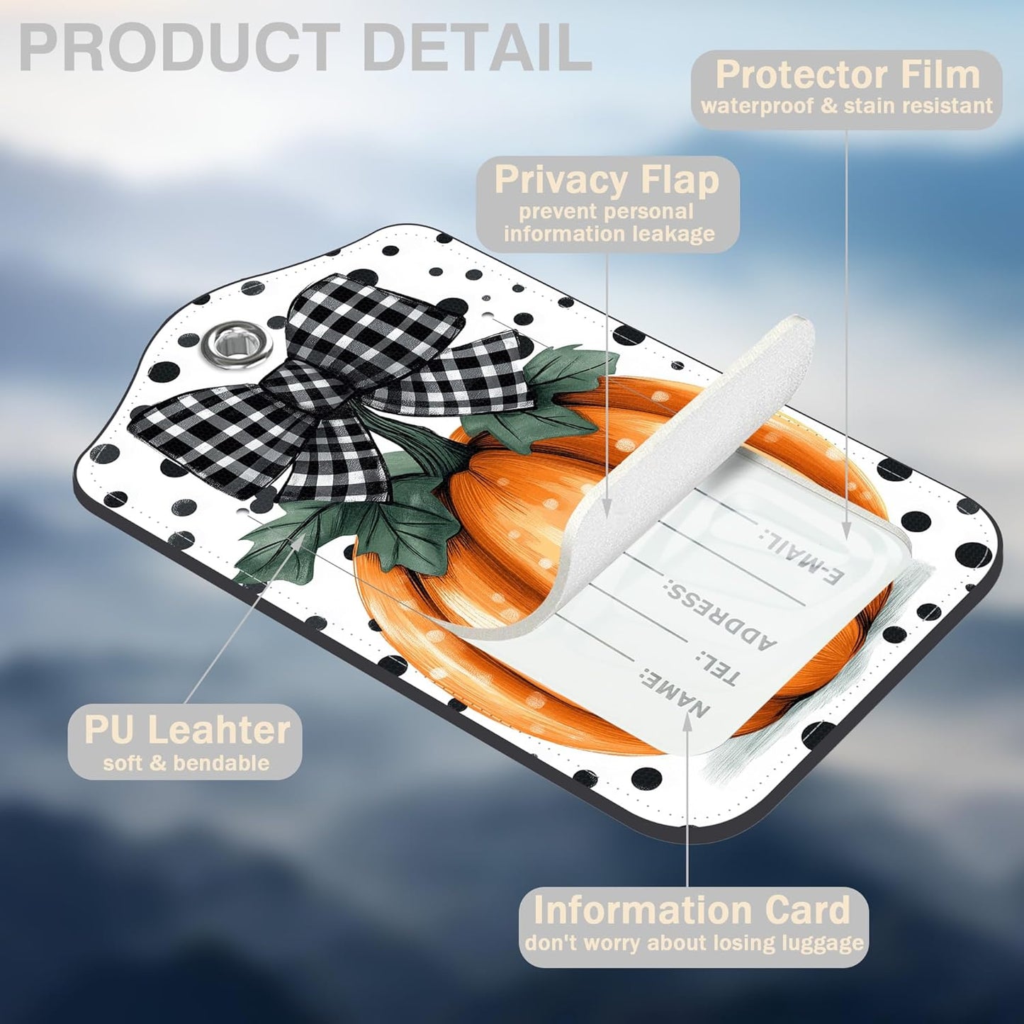 2 Pcs Pumpkin with Checkered Bow Luggage Tags for Suitcases Polka Dots PU Leather Baggage Tags Name ID Label with Privacy Cover and Stainless Steel Loop for Men Women Travel Bag Suitcase