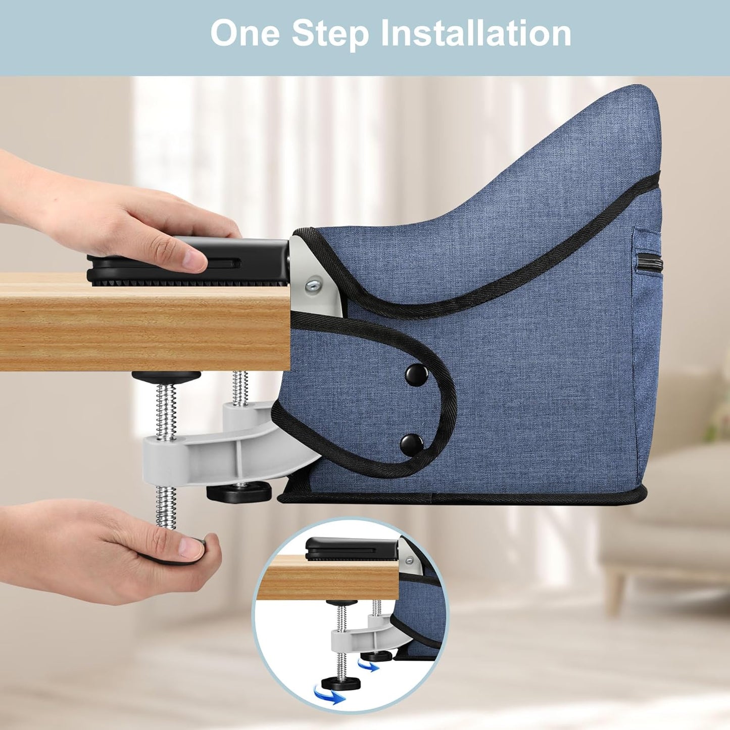 Hook On High Chair, Jozzve Clip on High Chair with Removable Dining Tray for Babies and Toddlers, Fold-Flat Storage Portable Baby Feeding Seat, Attach to Fast Table Chair for Home Travel (Navy)