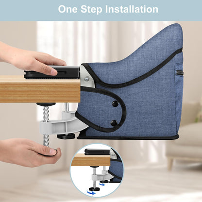 Hook On High Chair, Jozzve Clip on High Chair with Removable Dining Tray for Babies and Toddlers, Fold-Flat Storage Portable Baby Feeding Seat, Attach to Fast Table Chair for Home Travel (Navy)