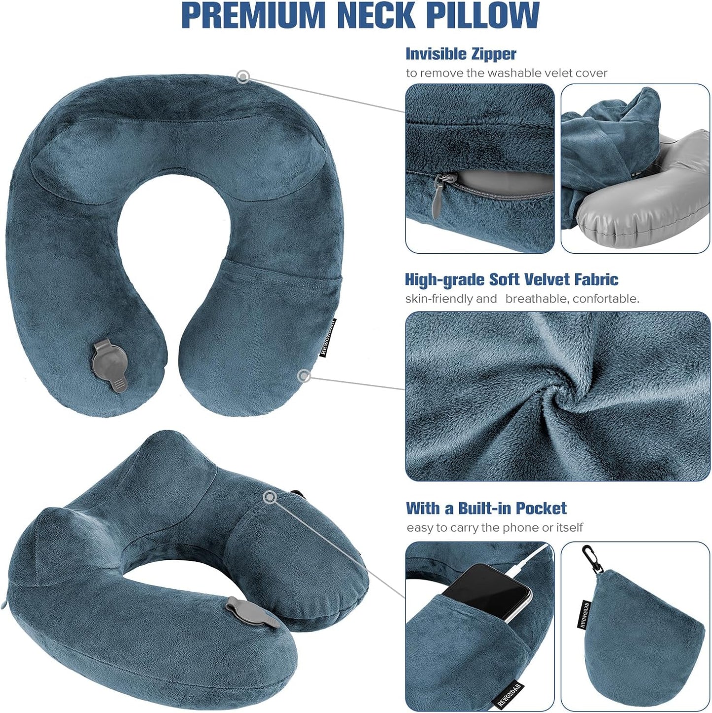 Rewondah Inflatable Travel Pillow for Sleeping Airplane - Inflatable Neck Pillow for Traveling on Plane with Washable Cover, Blow up Neck Travel Pillow for Airplanes, Cars - Portable and Comfortable