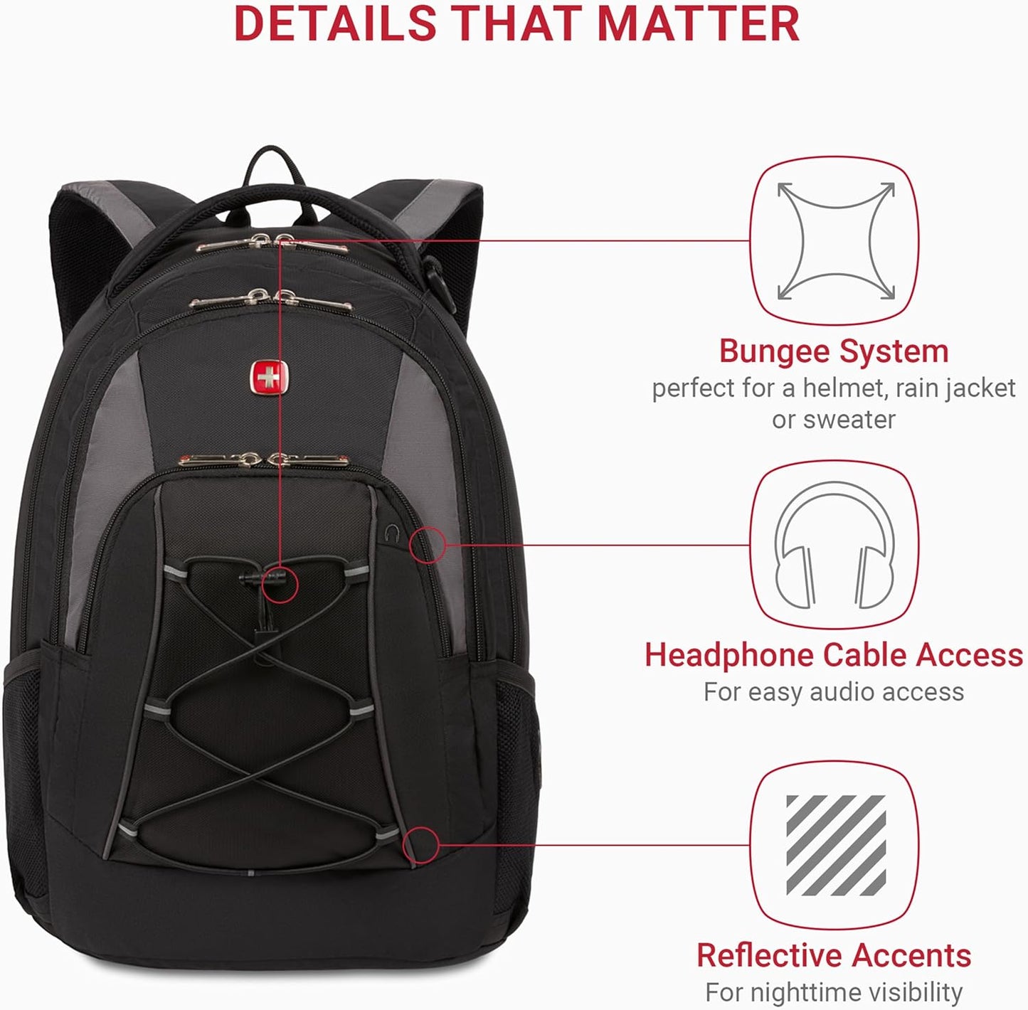 SwissGear 1186 Bungee Backpack, Black/Grey, 17-Inch