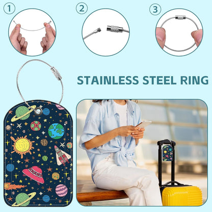 Space Planets Luggage Tag for Suitcase Set of 2 PU Leather Cute Luggage Tags with Stainless Metal Loop ID Label Privacy Flap Suitcase Tags for Women and Men Travel