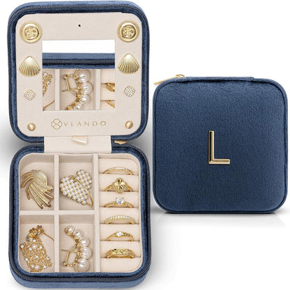 Vlando Travel Jewelry Case for Women Girls, L Initial Travel Jewelry Case, Small Jewelry Travel Case, Birthday Gifts for Women Mom Grandma - Letter L, Dark Blue