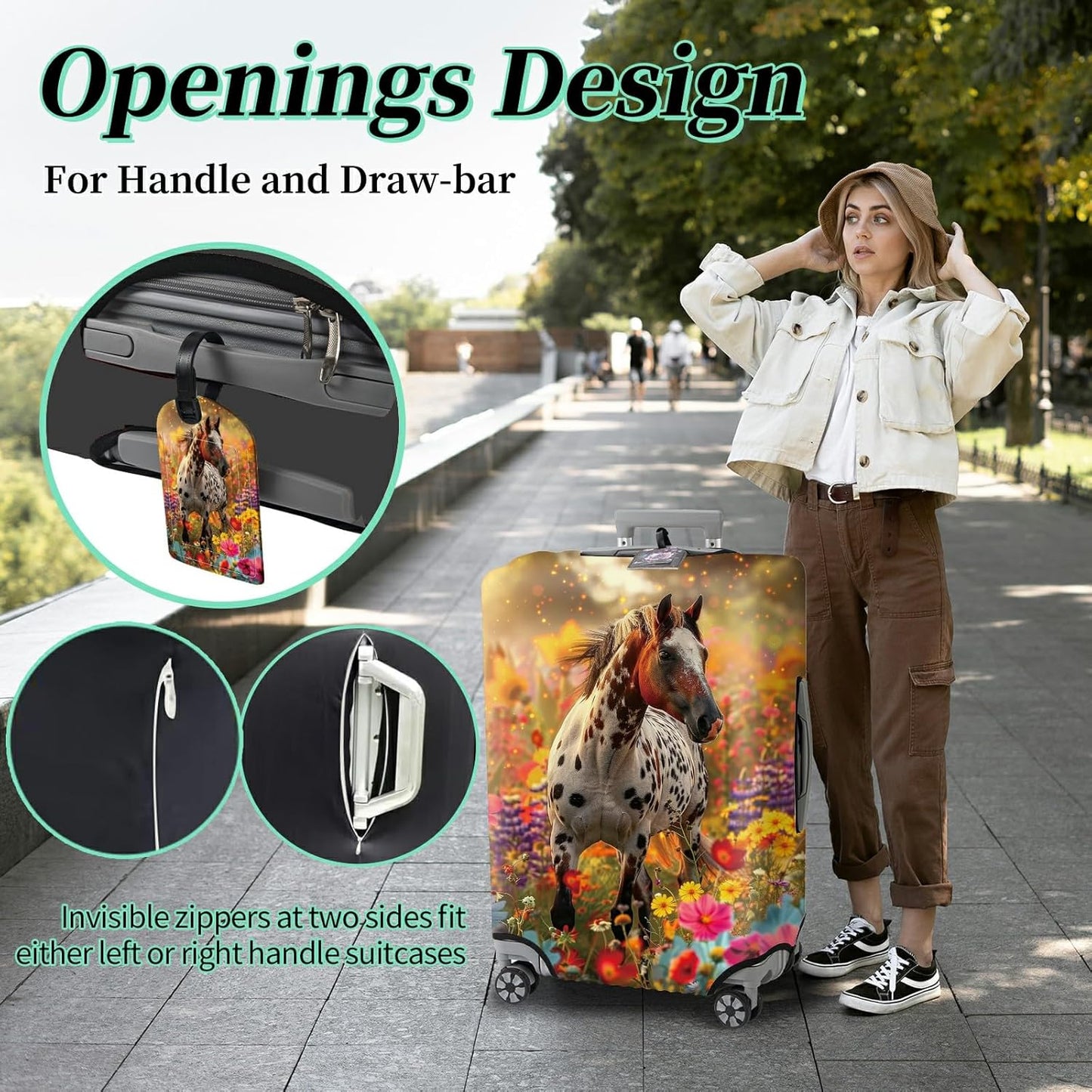 Luggage Cover Suitcase Protector + Tag, Spotted Horse Garden Travel Suitcase Cover for 18-20 inch Luggage (S) with Concealed Zipper, Washable Elastic Cloth, Dustproof, Anti-Scratch