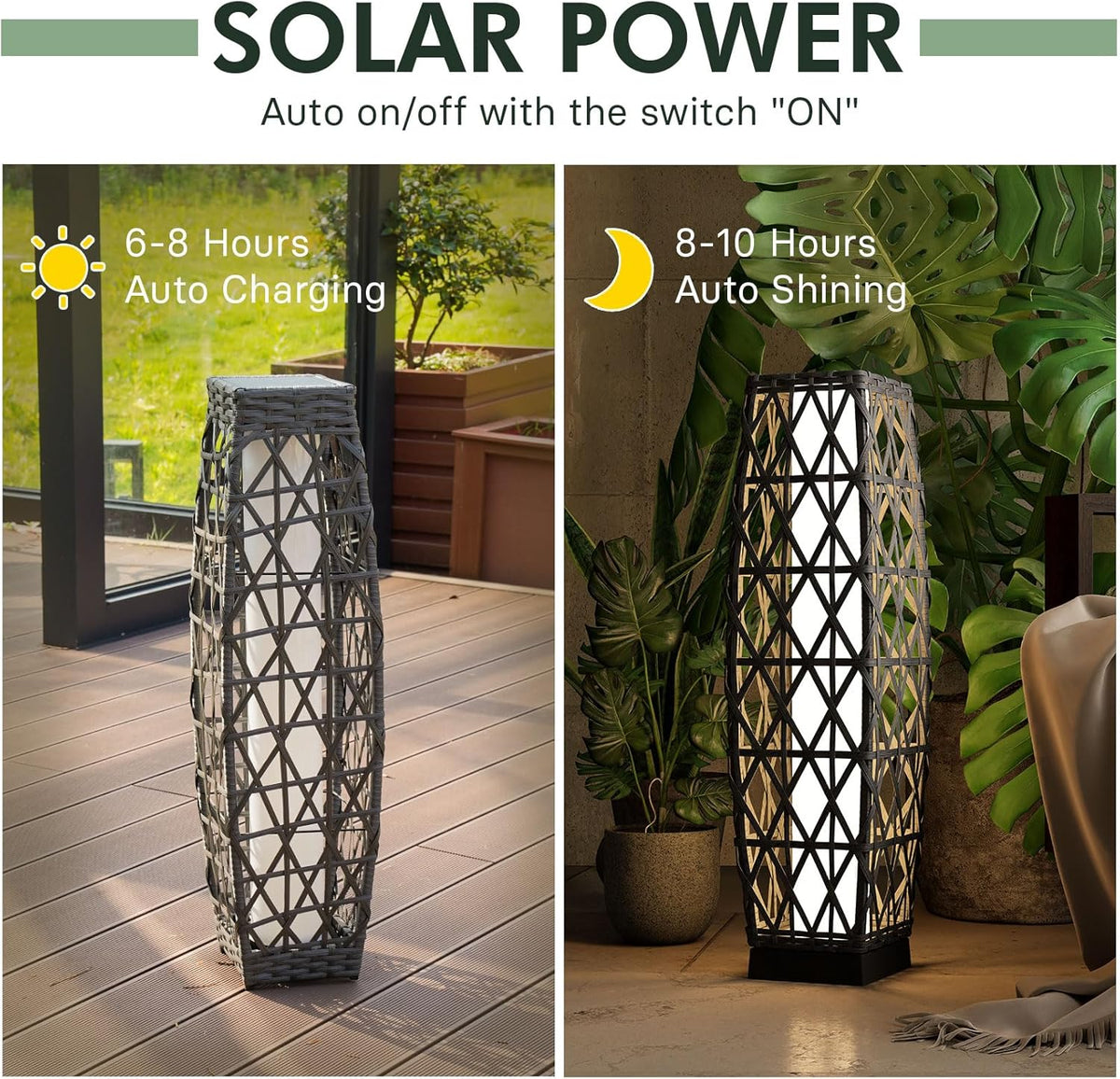 Grand patio Solar Outdoor Floor Lamp Wicker Lantern Decoration Light for Deck Garden Lawn Porch-Medium Cindy, Silver Gray