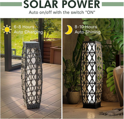 Grand patio Solar Outdoor Floor Lamp Wicker Lantern Decoration Light for Deck Garden Lawn Porch-Medium Cindy, Silver Gray