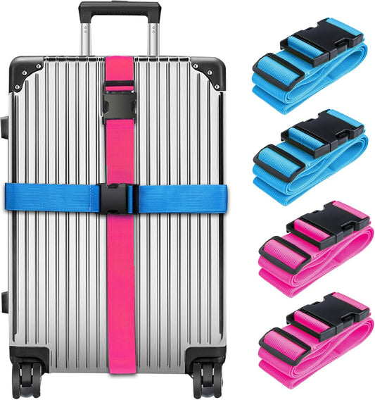 Luggage Straps for Suitcases TSA Approved, Travel Belt Suitcase Belt, Suitcase Straps TSA Approved, Luggage Belt Strap TSA Approved, Travel Straps for Luggage, 4Pcs Luggage Band, Bule & Pink