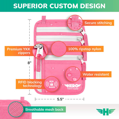 Hero Travel Supply Neck Wallet, RFID Blocking Passport Holder, Easy to Conceal Pouch (Hot Pink)
