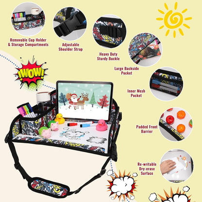 Kids Travel Tray for Airplane - Toddler Car Seat Table Tray, Road Trip Essentials for Boys & Girls, Carseat Lap Desk for Kids Road Trip Activities, Graffiti